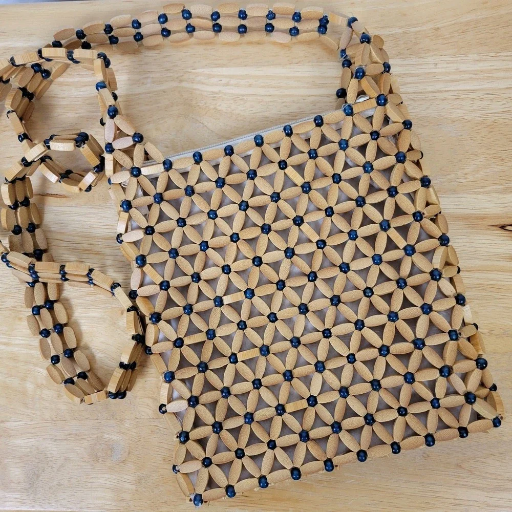 Wooden Bead Flower Purse Blue Tan Boho Crossbody Handbag